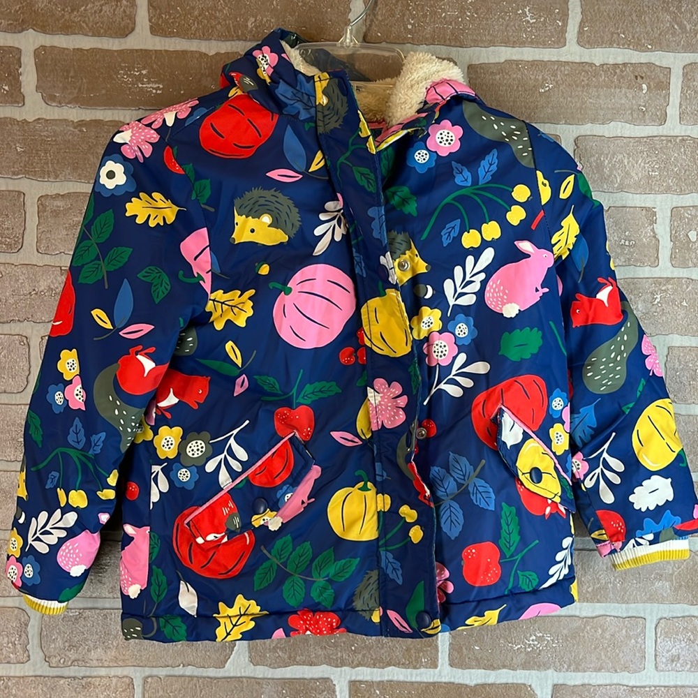 MINI BODEN 6-7 Y sherla Lined JACKET BLUE FOREST FRIENDS Floral Hedgehog Hooded